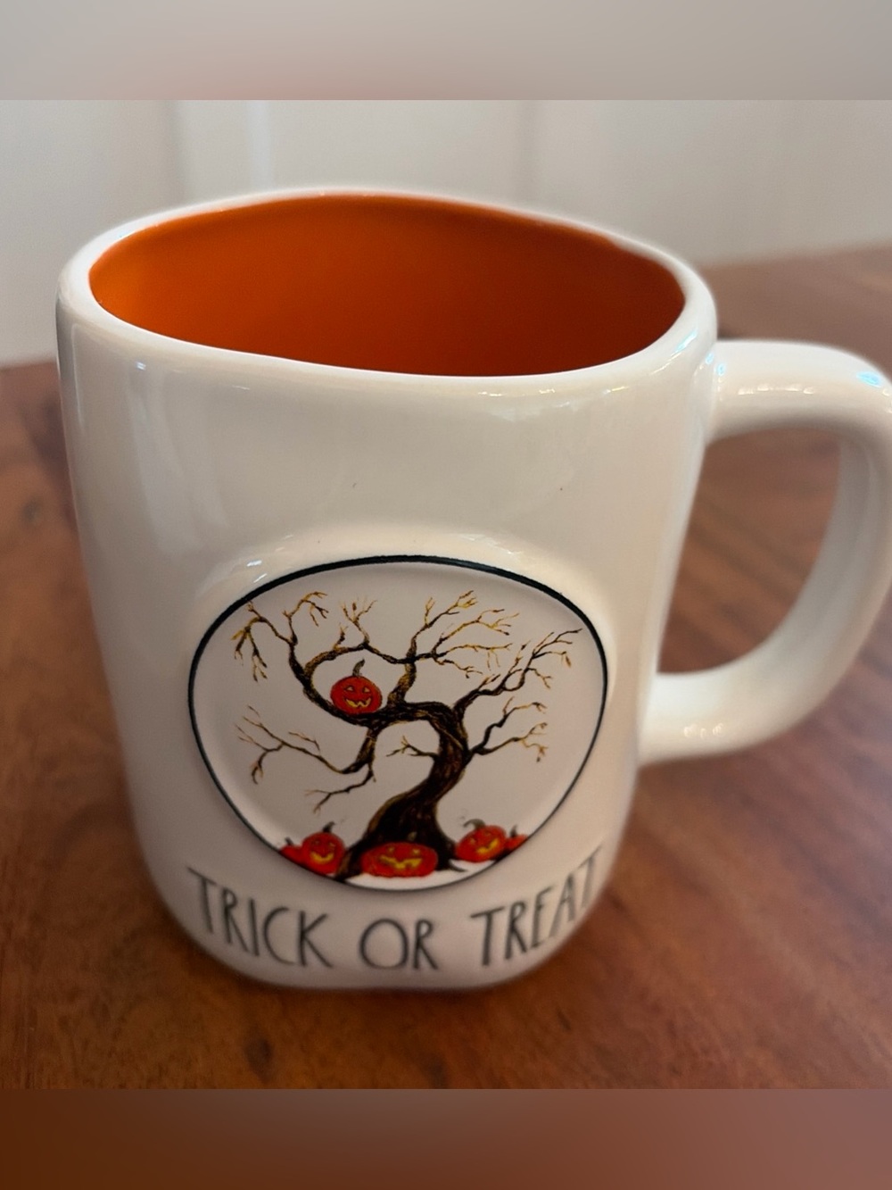 Rae Dunn “Trick or Treat” Halloween Mug Embossed Pumpkin Tree Orange Inside Fall